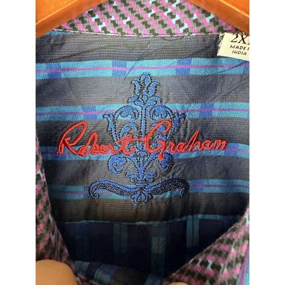 Robert Graham Multicolored Striped Shirt Blue Purple Red Cuffs Mens 2XL XXL EUC - Picture 7 of 9